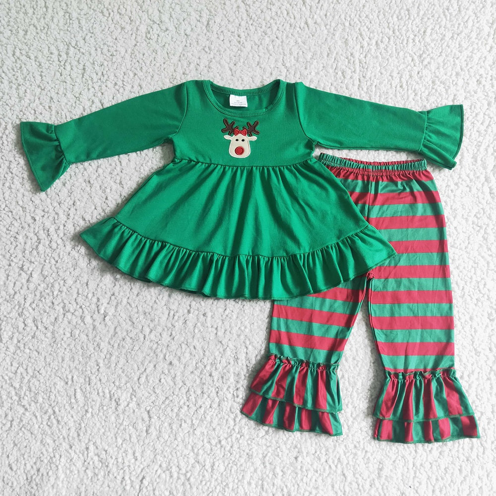 GLP0046 Girls Christmas Embroidered Deer Striped Outfits