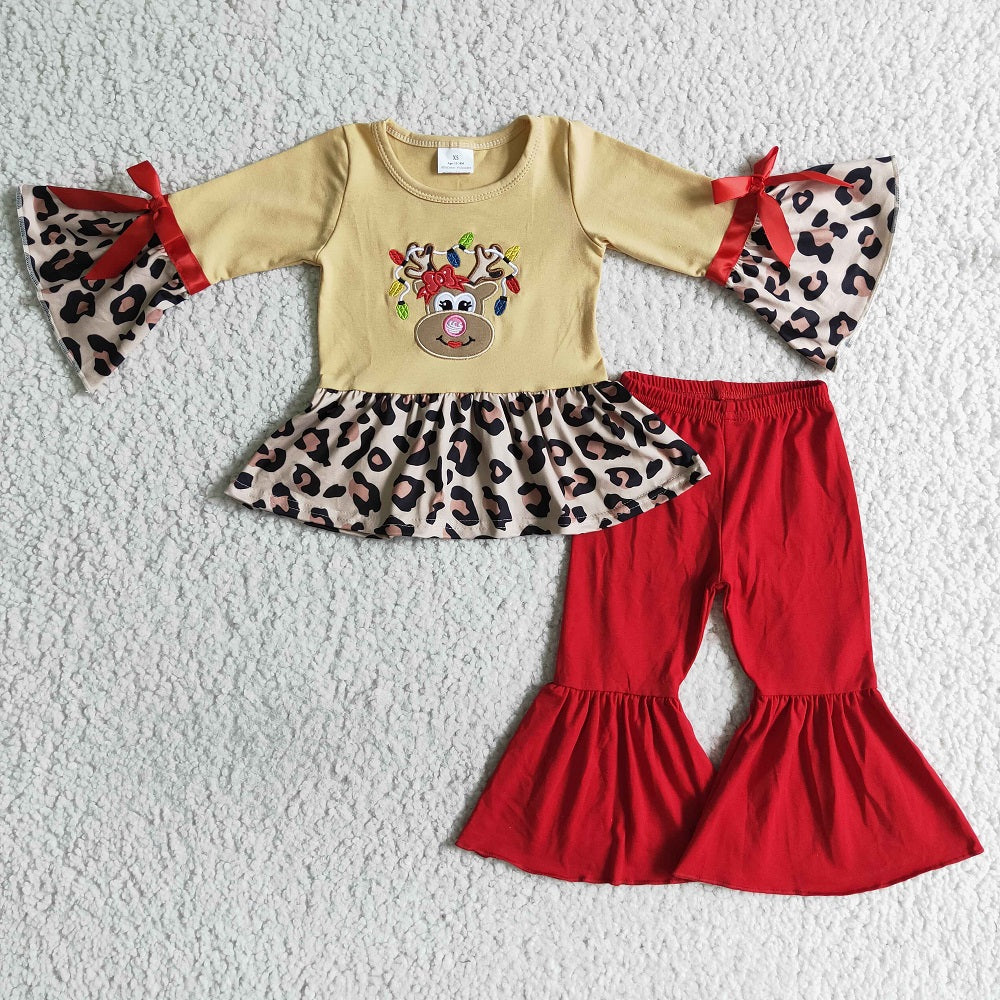 GLP0011 Christmas Girls Embroidered Deer Flare Sleeve Leopard Outfits