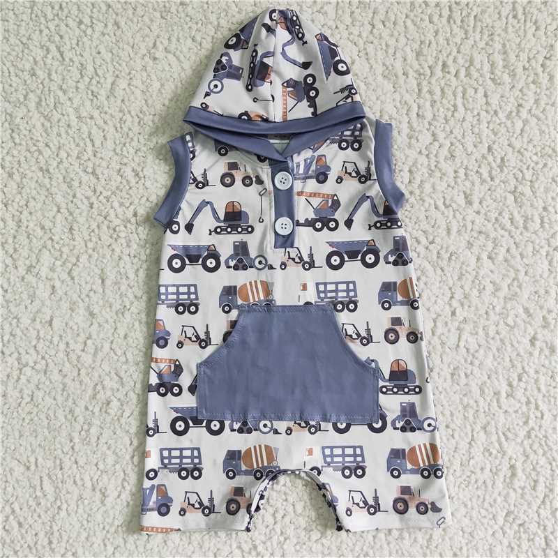 SR0045 Boy Excavator Pocket Button Hooded Sleeveless One-piece