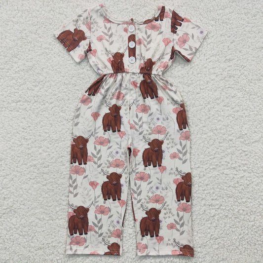 SR0227 Girls Alpine Cow Flower Short Sleeve Jumpsuit