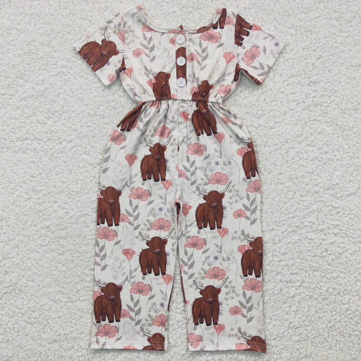 SR0227 Girls Alpine Cow Flower Short Sleeve Jumpsuit