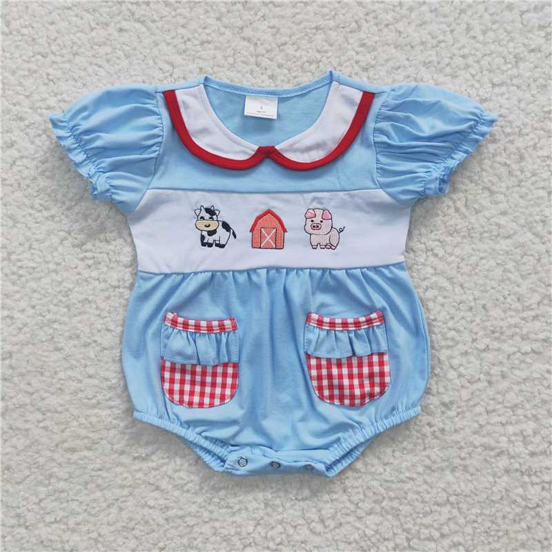 SR0263 Embroidery Farm Cow Pig Short Sleeve onesie Blue