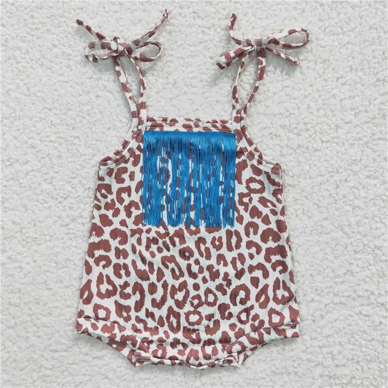 SR0288 Brown leopard print Blue Tassel vest onesie