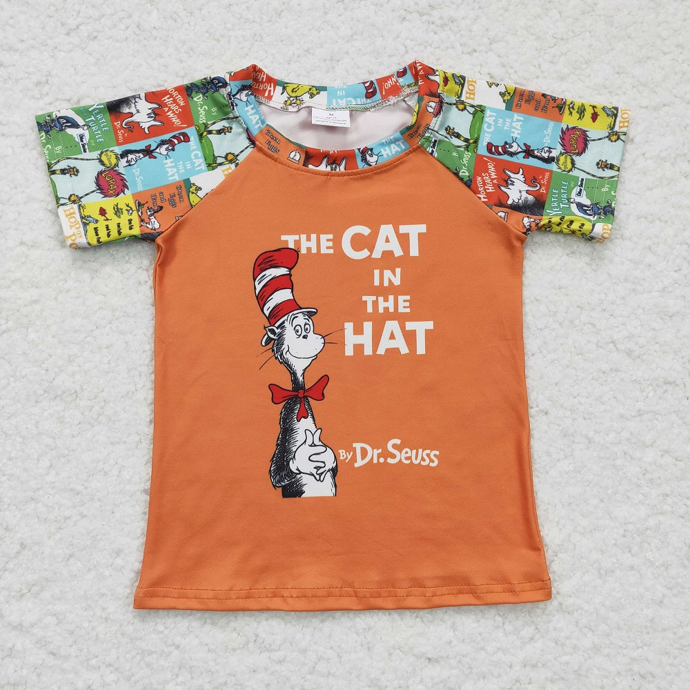 A2-11 Boys Raglan Short Sleeve Orange Cartoon Reading Shirts
