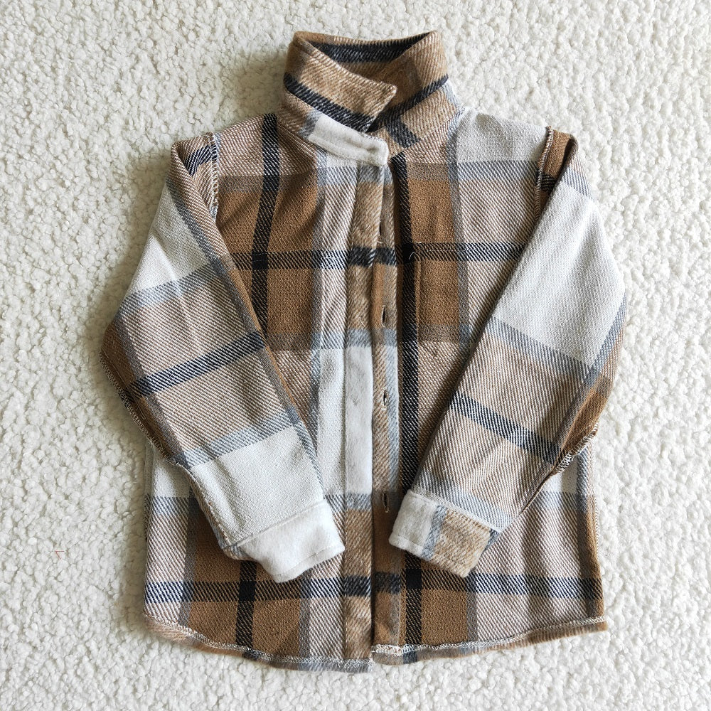 BT0062 Boys Khaki Plaid Pockets Flannel Button Shirt