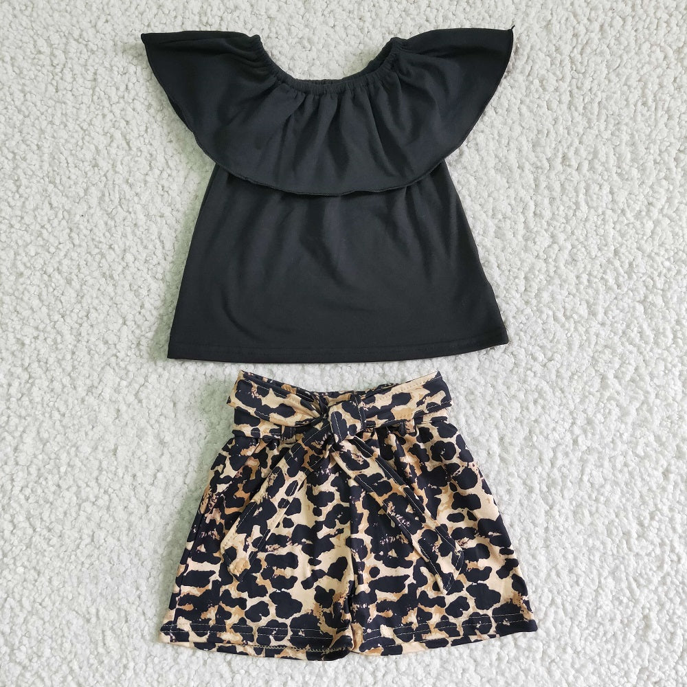 GSSO0082 Girls Black Leopard Shorts Outfit