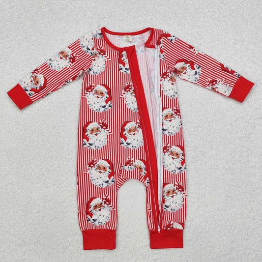 LR1891 Baby Infant Infant Christmas Red Stripes Santa Bamboo Zip Romper