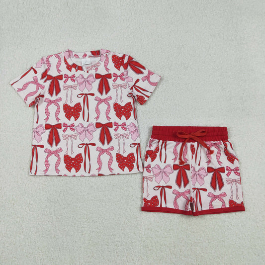 GSSO2737 Baby Girls Short Sleeve Red Bows Top Pockets Shorts Clothes Set C12.8