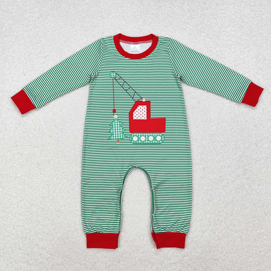 LR1402 Baby Infant Boys Christmas Green Stripes Construction Tree Romper