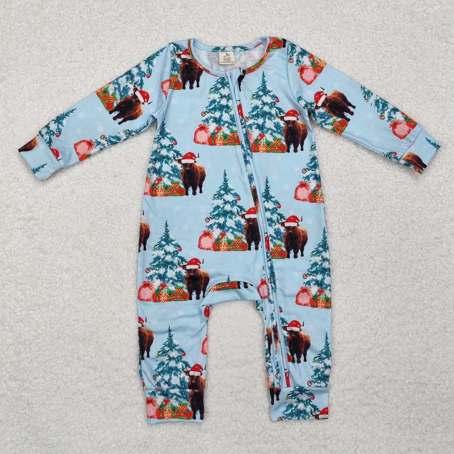 LR1459 Baby Infant Boys Christmas Western Highland Cow Zip Bamboo Romper