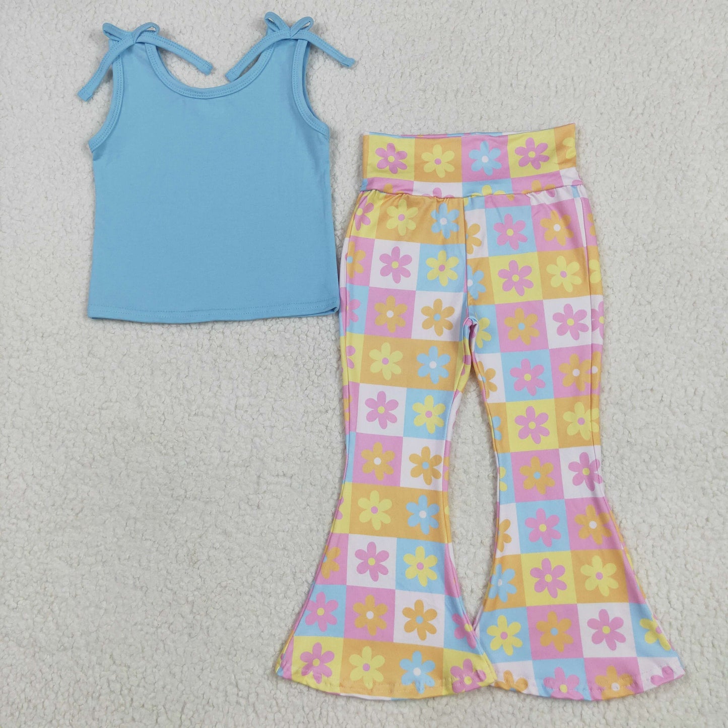 GSPO2017 Baby Girls Blue Sleeveless Top Flowers Plaid Bell Bottom Pant Set 5.20