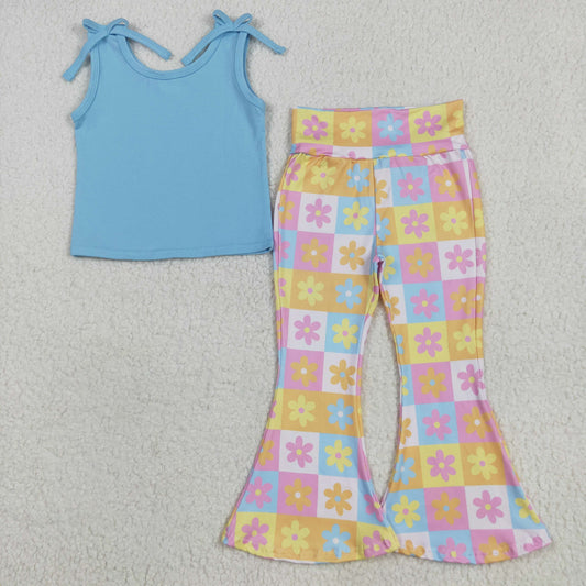 GSPO2017 Baby Girls Blue Sleeveless Top Flowers Plaid Bell Bottom Pant Set 5.20