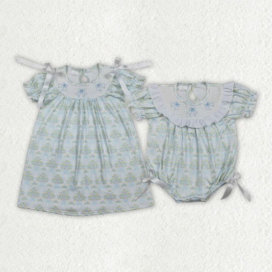 RTS Sibling Smocked Bows Flower Checked Knee Length Dress Ruffle Rompers