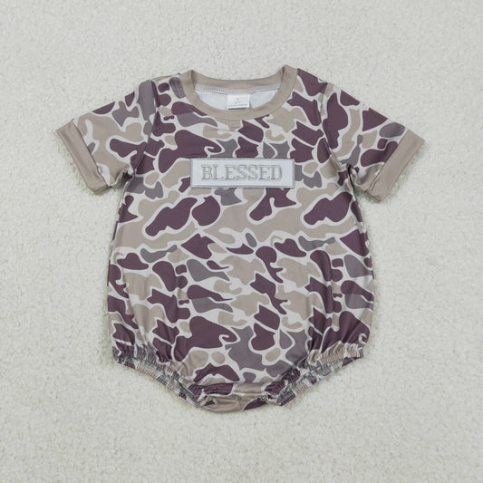 SR3263 Embroidery Baby Boys Blessed Dark Grey Camo Southern Romper C12.4