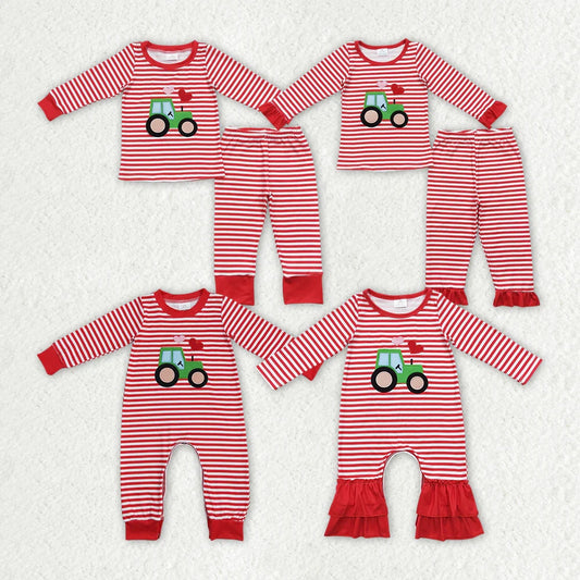 Sibling Baby Boys Girls Valentines Tractor Hearts Rompers Pajamas Clothes Sets