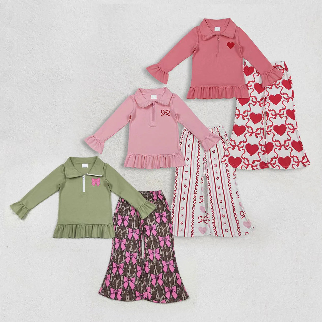 Sibling Baby Girls Embroidery Hearts Bows Zip Pullovers Flare Pants Valentines Clothes Sets C11.25