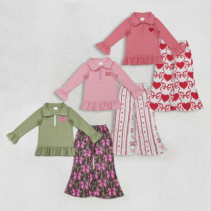 Sibling Baby Girls Embroidery Hearts Bows Zip Pullovers Flare Pants Valentines Clothes Sets C11.25