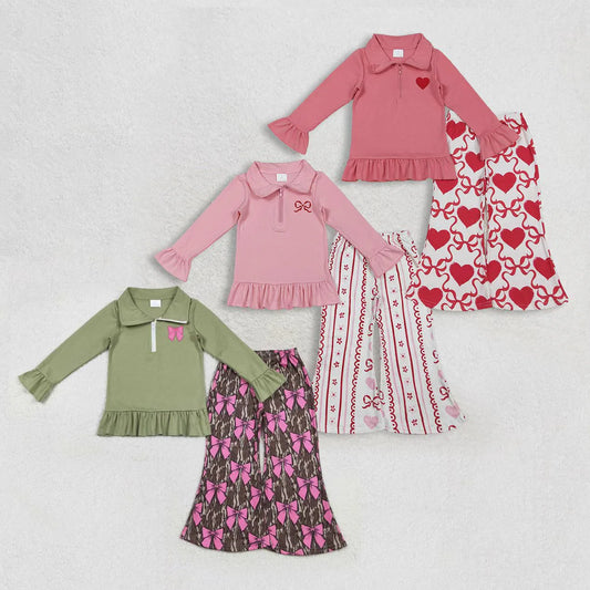 Sibling Baby Girls Embroidery Hearts Bows Zip Pullovers Flare Pants Valentines Clothes Sets C11.25