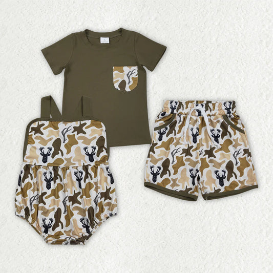 RTS Sibling Baby Boys Shirt Top Deer Camo Pockets Short Hunting Clothes Set Strap Rompers