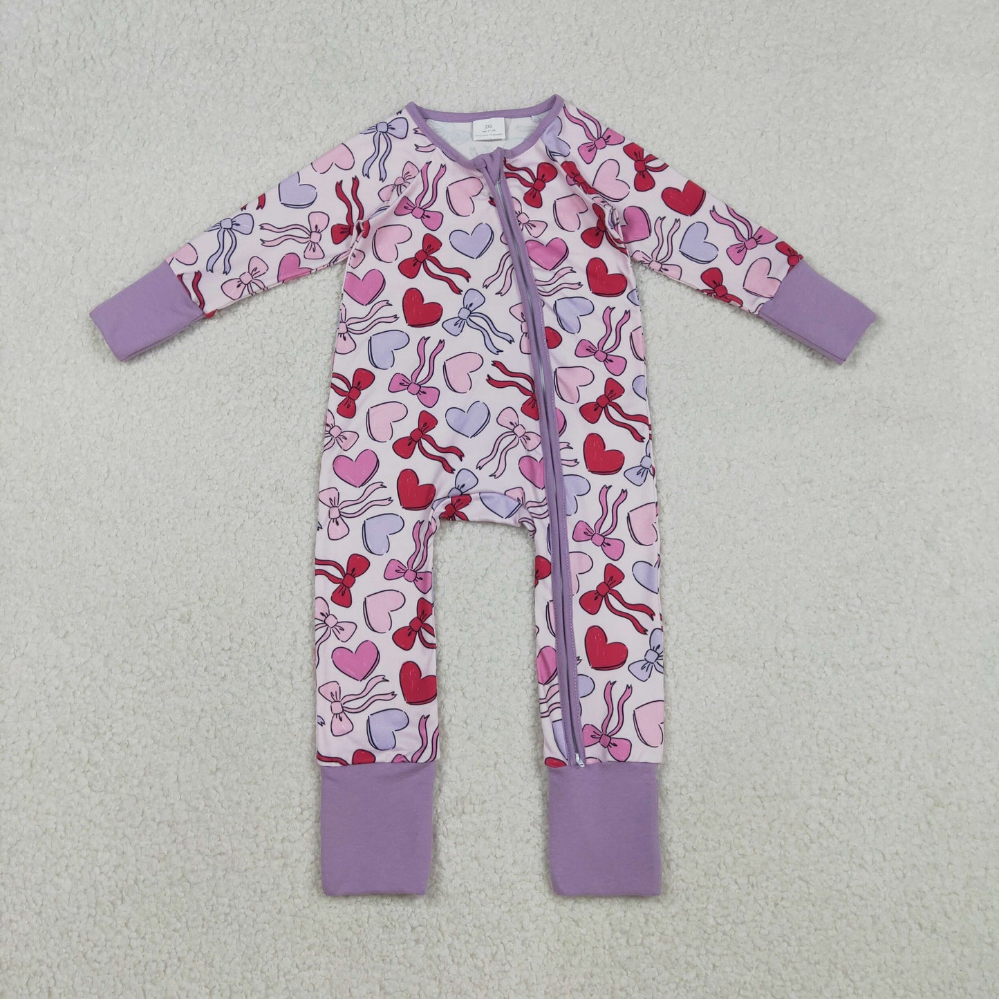 LR2883 Baby Girls Long Sleeve Hearts Bows Valentines Two Way Zip Convertible Romper C12.3