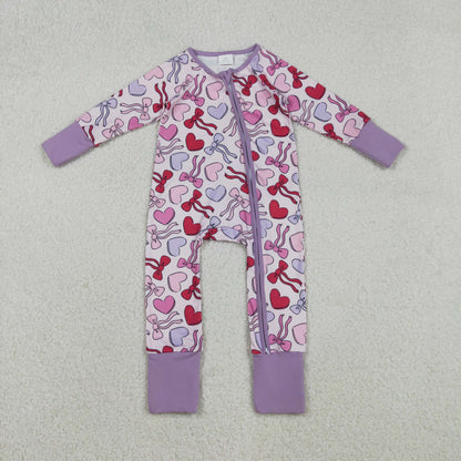 LR2883 Baby Girls Long Sleeve Hearts Bows Valentines Two Way Zip Convertible Romper C12.3