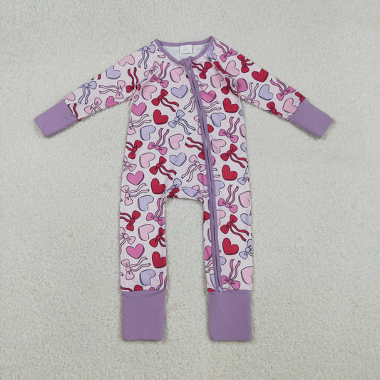 LR2883 Baby Girls Long Sleeve Hearts Bows Valentines Two Way Zip Convertible Romper C12.3