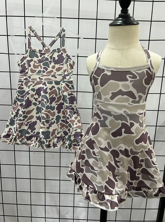 Sibling Baby Girls Strap Camo Yoga Ruffle Knee Length Dresses 6.23