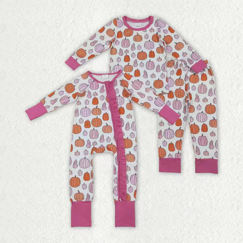 Sibling Baby Girls Pink Pumpkins Fall Pajamas Sets Ruffle Zipper Footie Rompers C10.9