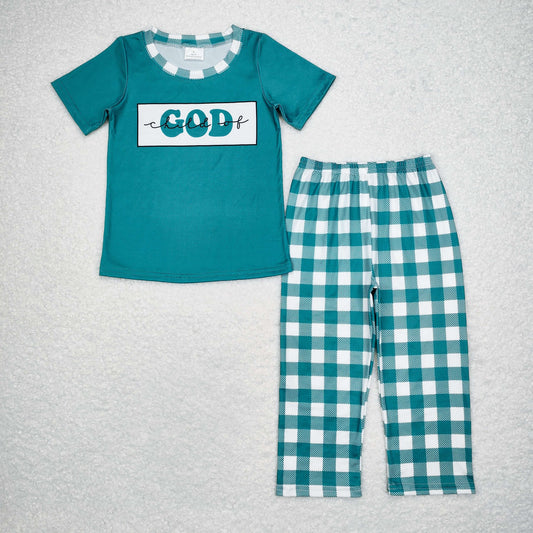 BSPO0462 Boys Green short-sleeved plaid pantsuit