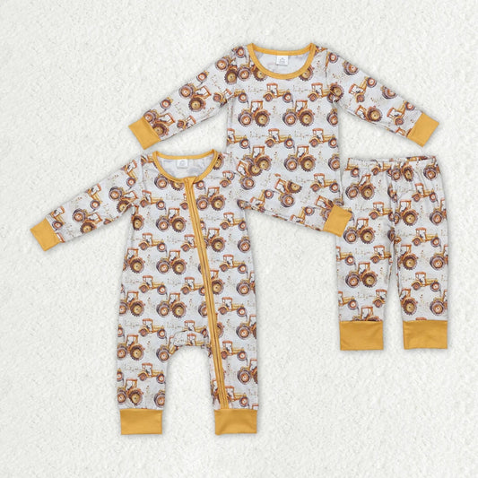 Sibling Brother Baby Boys Farm Trucks Bamboo Rompers Pajamas