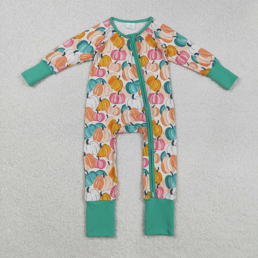 LR2552 Baby Girls Colorful Pumpkins Plaid Fall Zipper Footie Romper C8.26