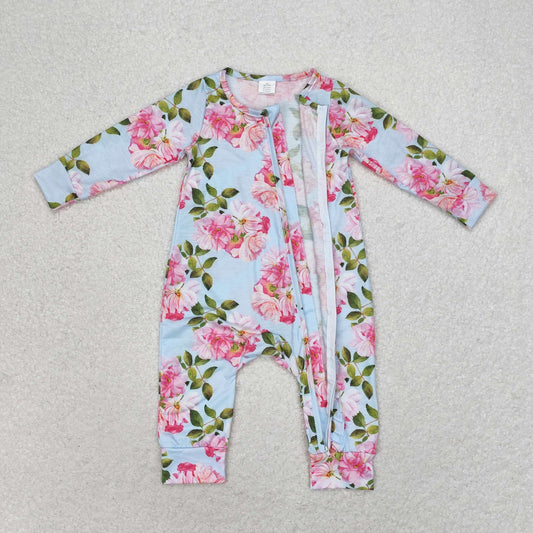 LR0880 Bamboo pink flowers Blue lace zipper long-sleeved onesie