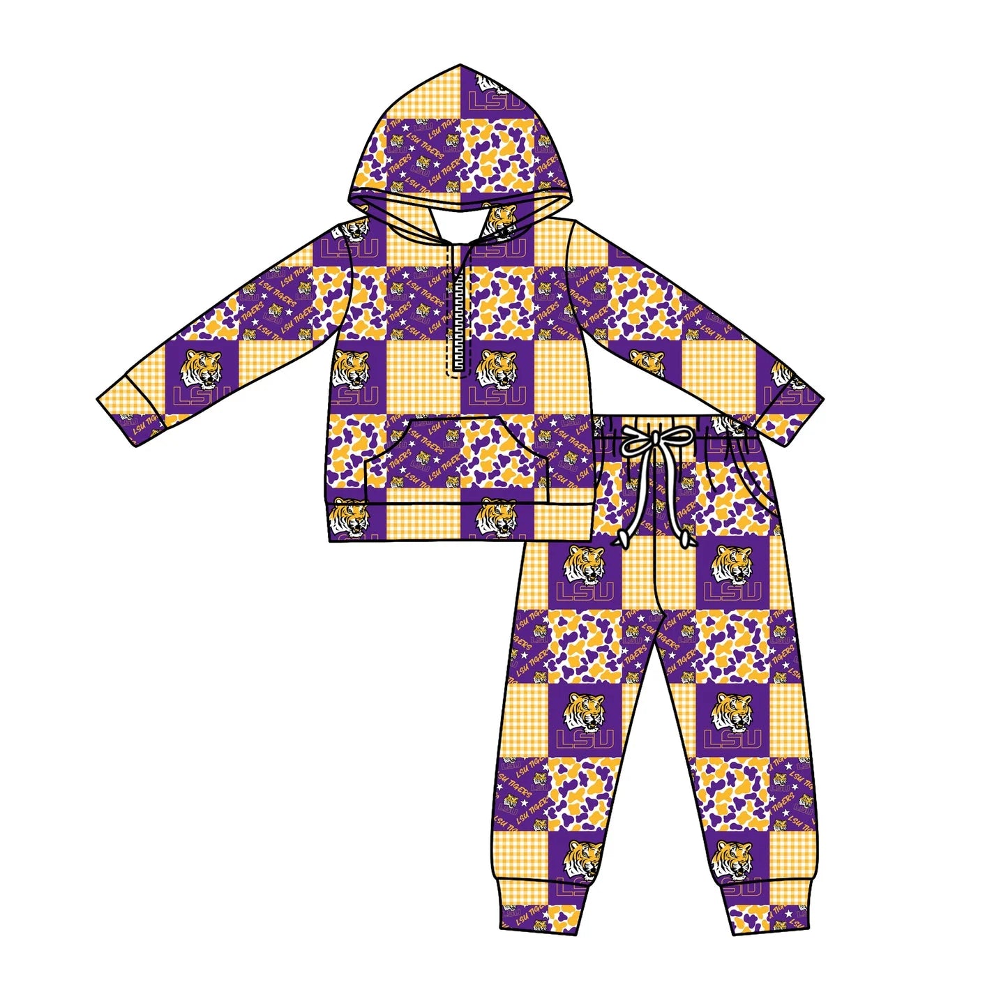 C12.3 Custom Moq 5 Baby Boys Camo LSU Tigers Checked Zipper Pockets Hoodies Pants Team Clothes Sets