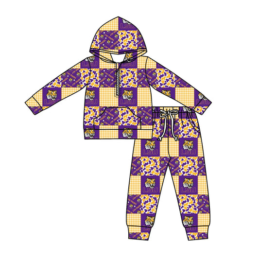 C12.3 Custom Moq 5 Baby Boys Camo LSU Tigers Checked Zipper Pockets Hoodies Pants Team Clothes Sets
