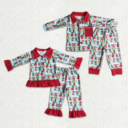 Sibling Baby Kids Green Faces Miss Button Top Pants Christmas Pajamas Sets C9.30