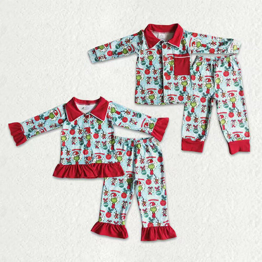 Sibling Baby Kids Green Faces Miss Button Top Pants Christmas Pajamas Sets C9.30