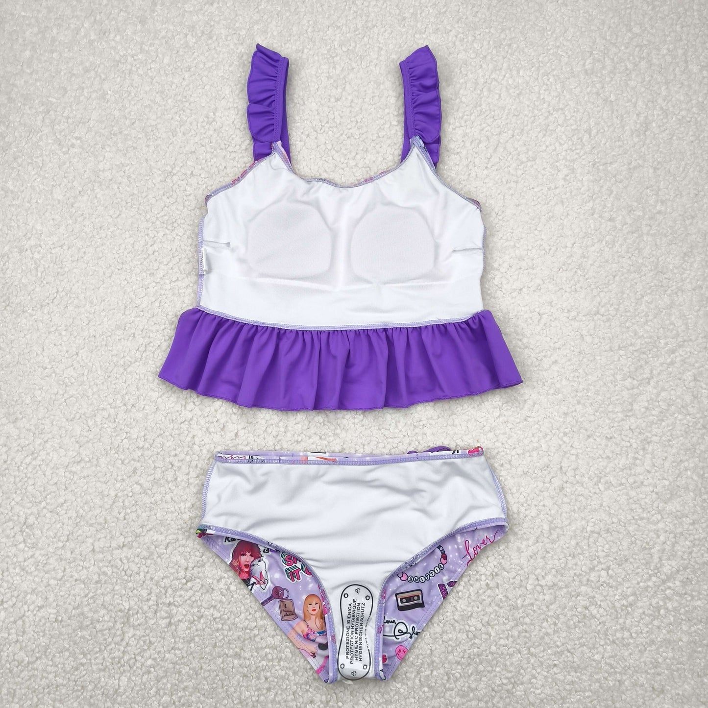 S0389 Baby Girls Purple Singer Sleeveless Ruffle Top Bummies 2pcs Swimsuit 4.23