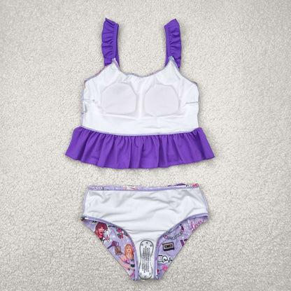 S0389 Baby Girls Purple Singer Sleeveless Ruffle Top Bummies 2pcs Swimsuit 4.23