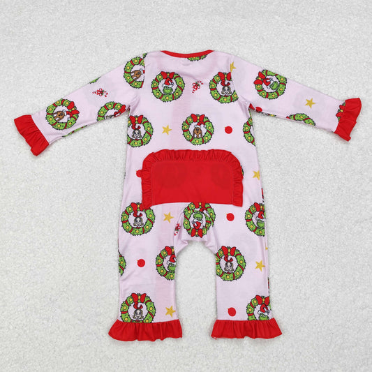 LR1664 Baby Infant Girls Christmas Green Face Zip Bamboo Romper