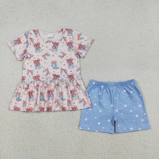 GSSO2837 Baby Girls Bows Boots Stars Tunic Shorts Western July 4th Clothes Set C12.12