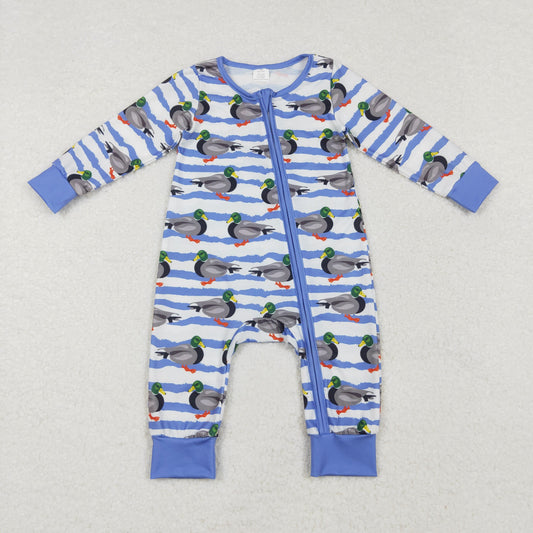 LR1645 Baby Infant Boys Fall Stripes Ducks Bamboo Zip Romper