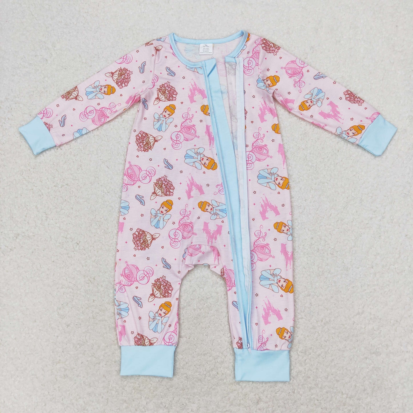 LR0990 Bamboo Girls Princess Castle powder blue zip-up long sleeve onesie