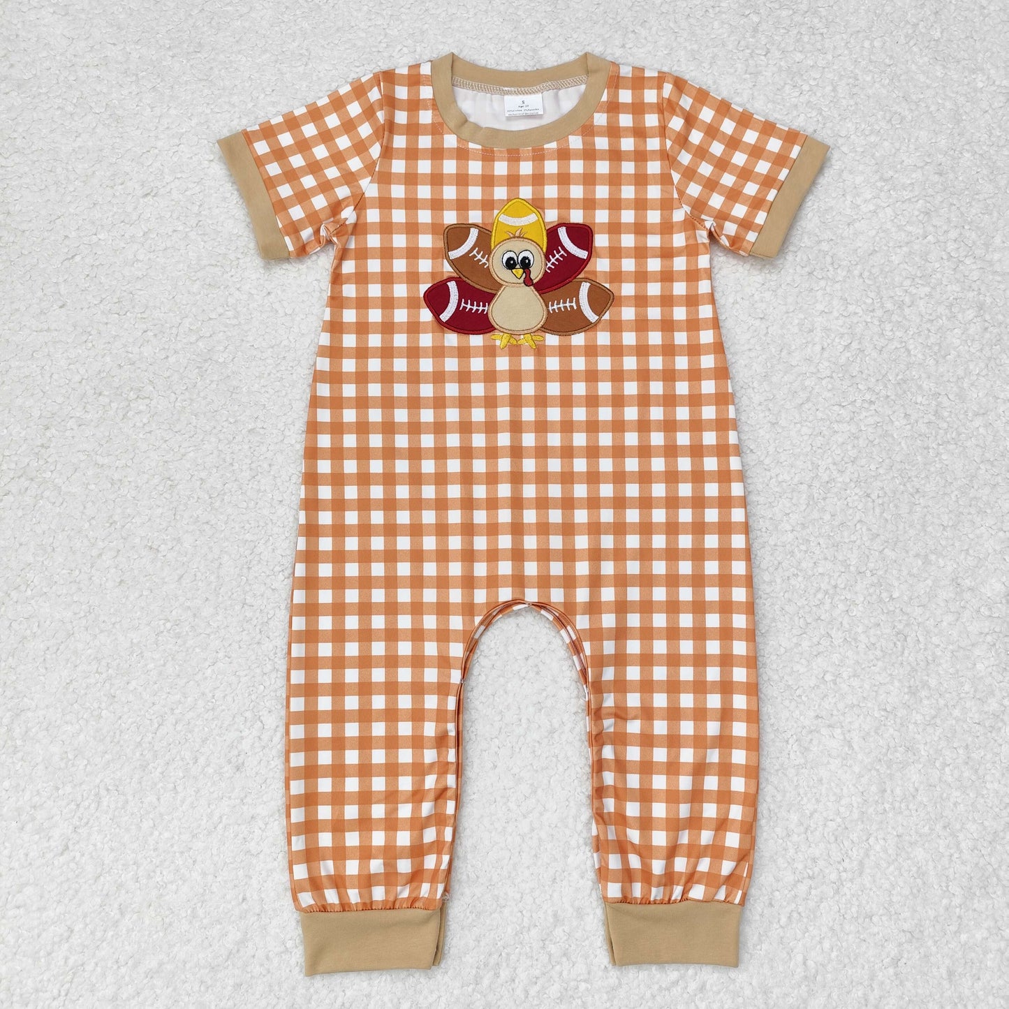 SR1887 Thanksgiving Embroidered Turkey khaki border checkered short-sleeved onesie