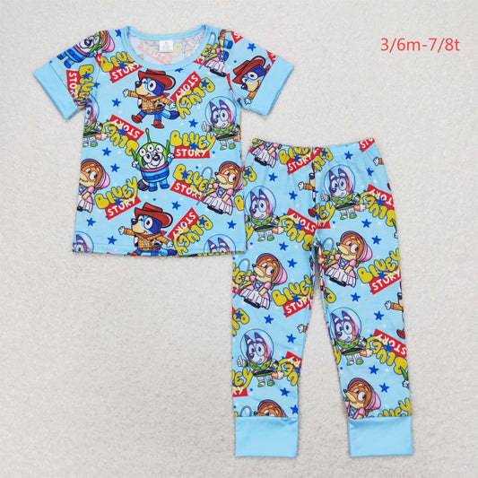 BSPO0376 Boys bamboo cartoon dog blue short-sleeved pant pajama set