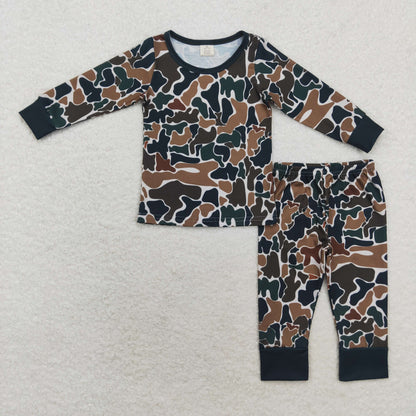 BLP0708 Bamboo brown-green camouflage beige crew-neck long sleeve pants pajama set