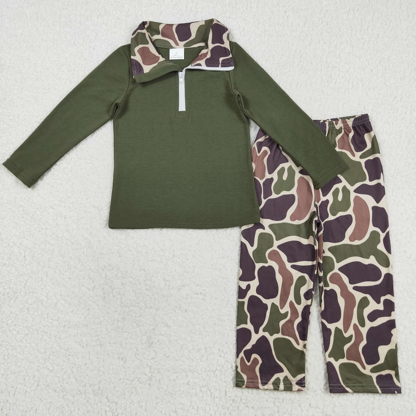 BLP1138 Baby Boys Dark Green Long Sleeves Zipper Top Camo Pant Western Set 8.11