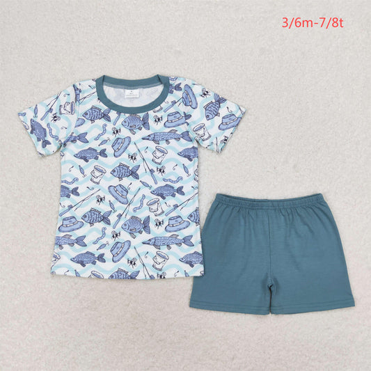 BSSO0994 Fishing wavy line striped blue shorts set