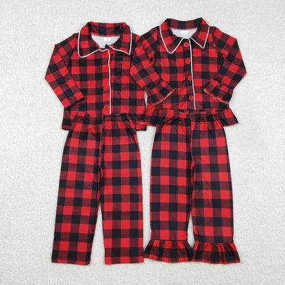 Sibling Baby Boys Girls Red Checked Button Pants Christmas Pajamas Sets C11.18