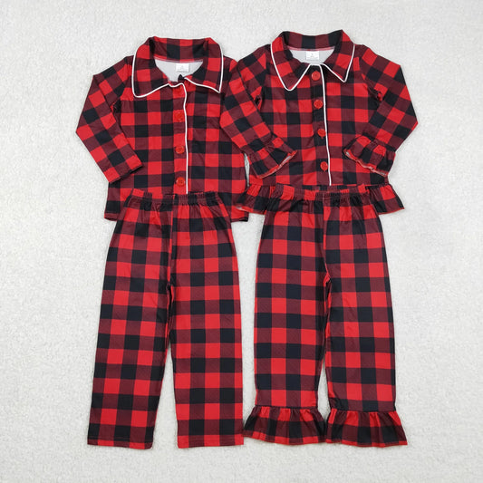 Sibling Baby Boys Girls Red Checked Button Pants Christmas Pajamas Sets C11.18