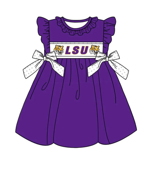 Baby Girls LSU Tiger Team Bows Knee Length Dresses Preorder (moq 3)